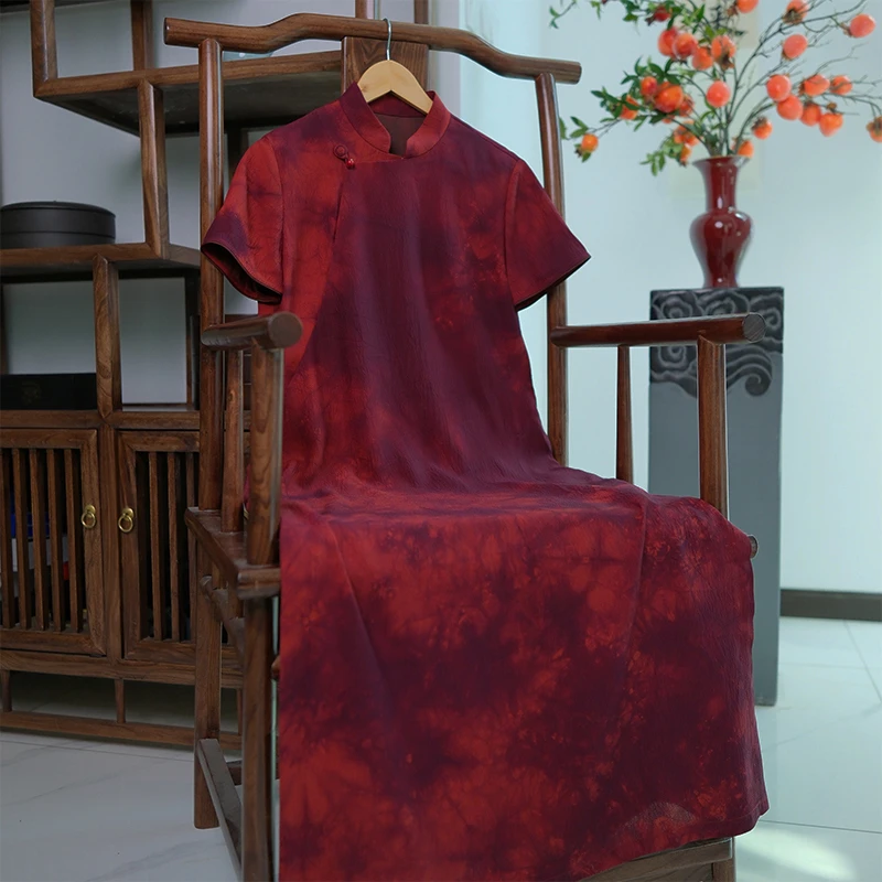 『华夏』新中式桑蚕丝珍珠缎扎染连衣裙DFSL5112