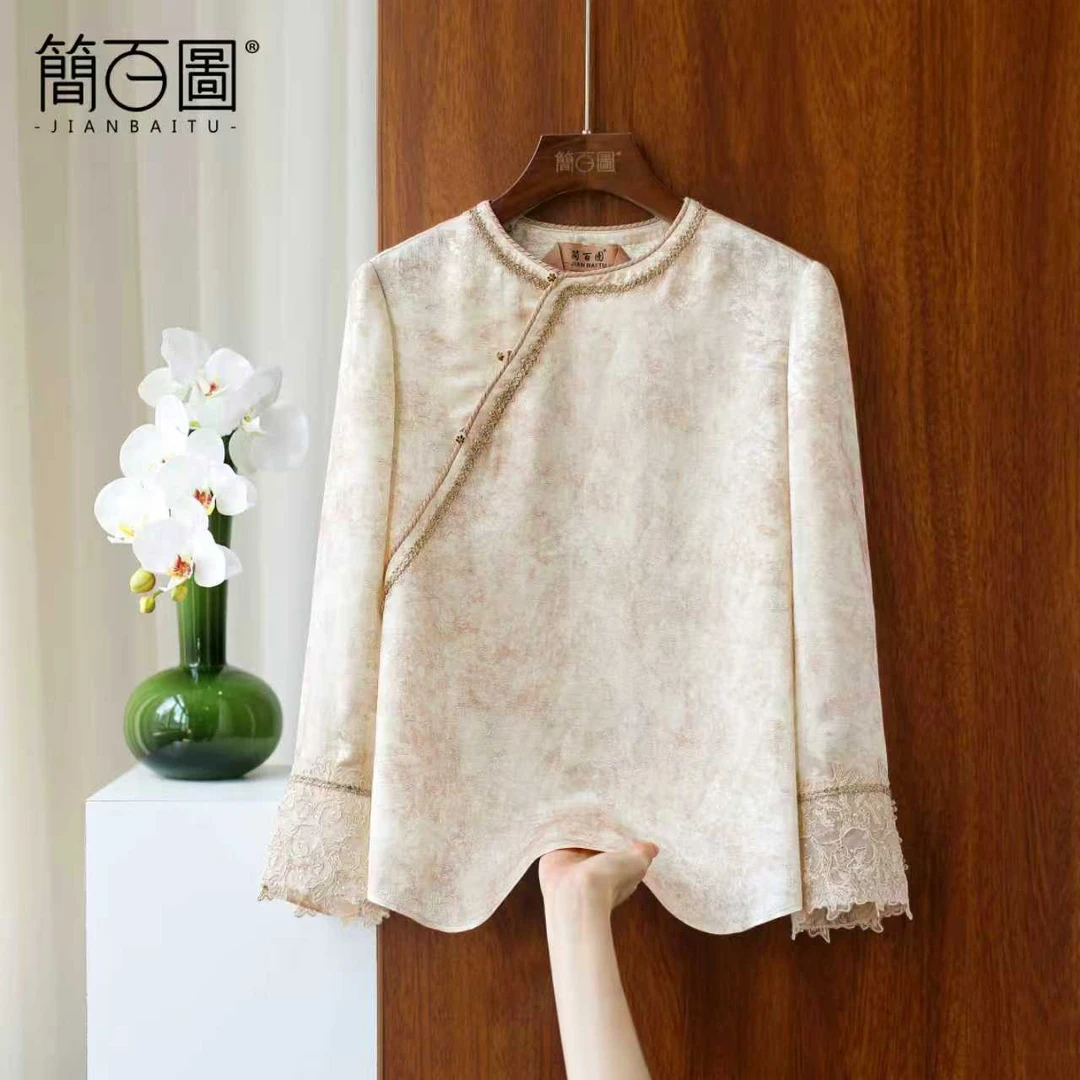 2025新中式秋冬新款百搭气质上衣斜襟圆领提花重工加密加厚衬衫