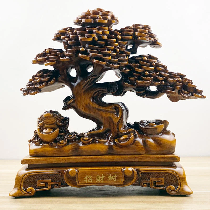 新款上档次树脂木纹小招财树发财树摆件创意中式招财商务礼品摆件