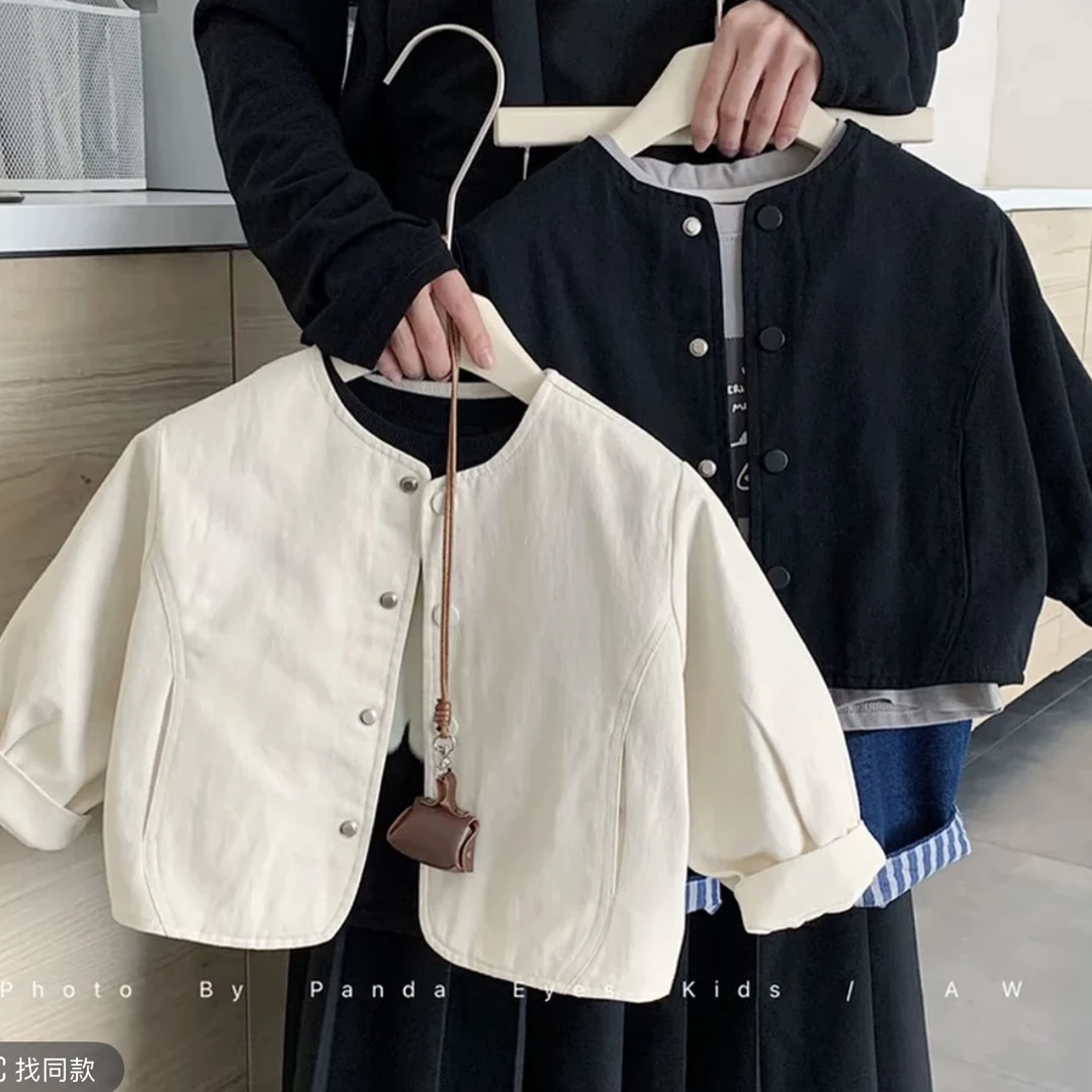 日系男童外套春秋款2025宽松圆领米白夹克秋季男孩洋气上衣潮纯色