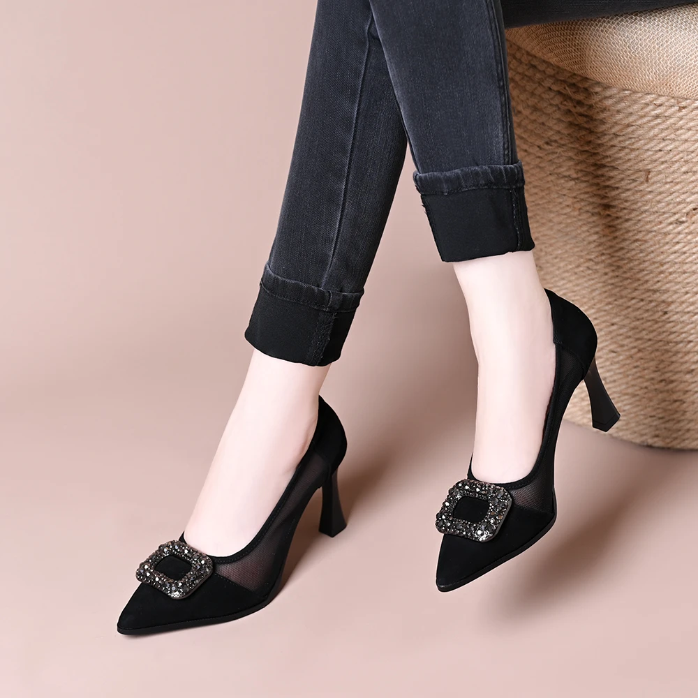 真皮羊皮浅口网纱单鞋女2025年春夏新款舒适一脚蹬镂空透气凉鞋女