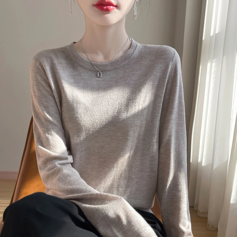 新款/精纺羊毛圆领打底衫宽松显瘦罩衫内搭针织打底衫