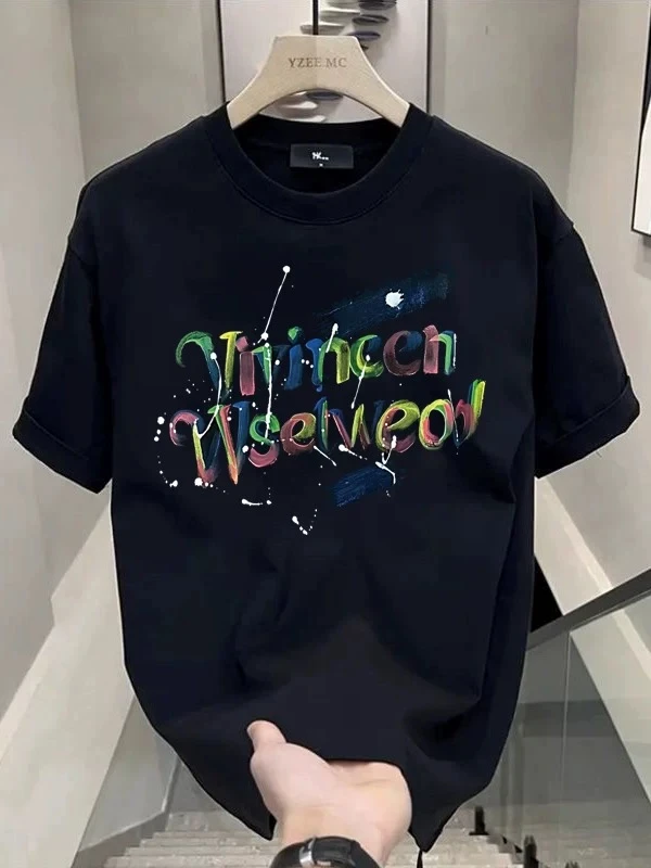 夏季高质量轻奢重磅纯棉T恤美式高街涂鸦潮流休闲百搭小圆领T恤