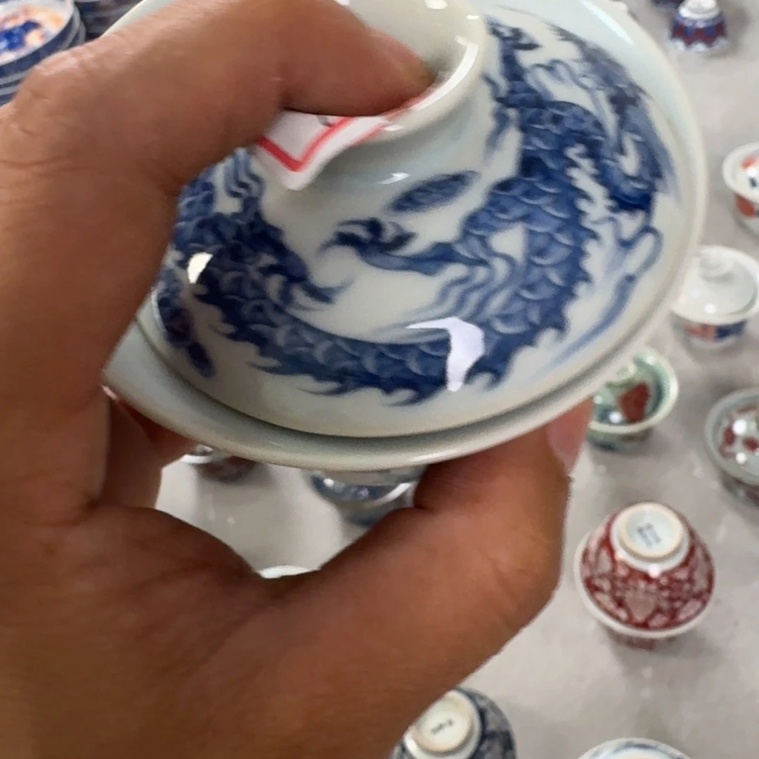 摆件青花海水龙两才盖碗