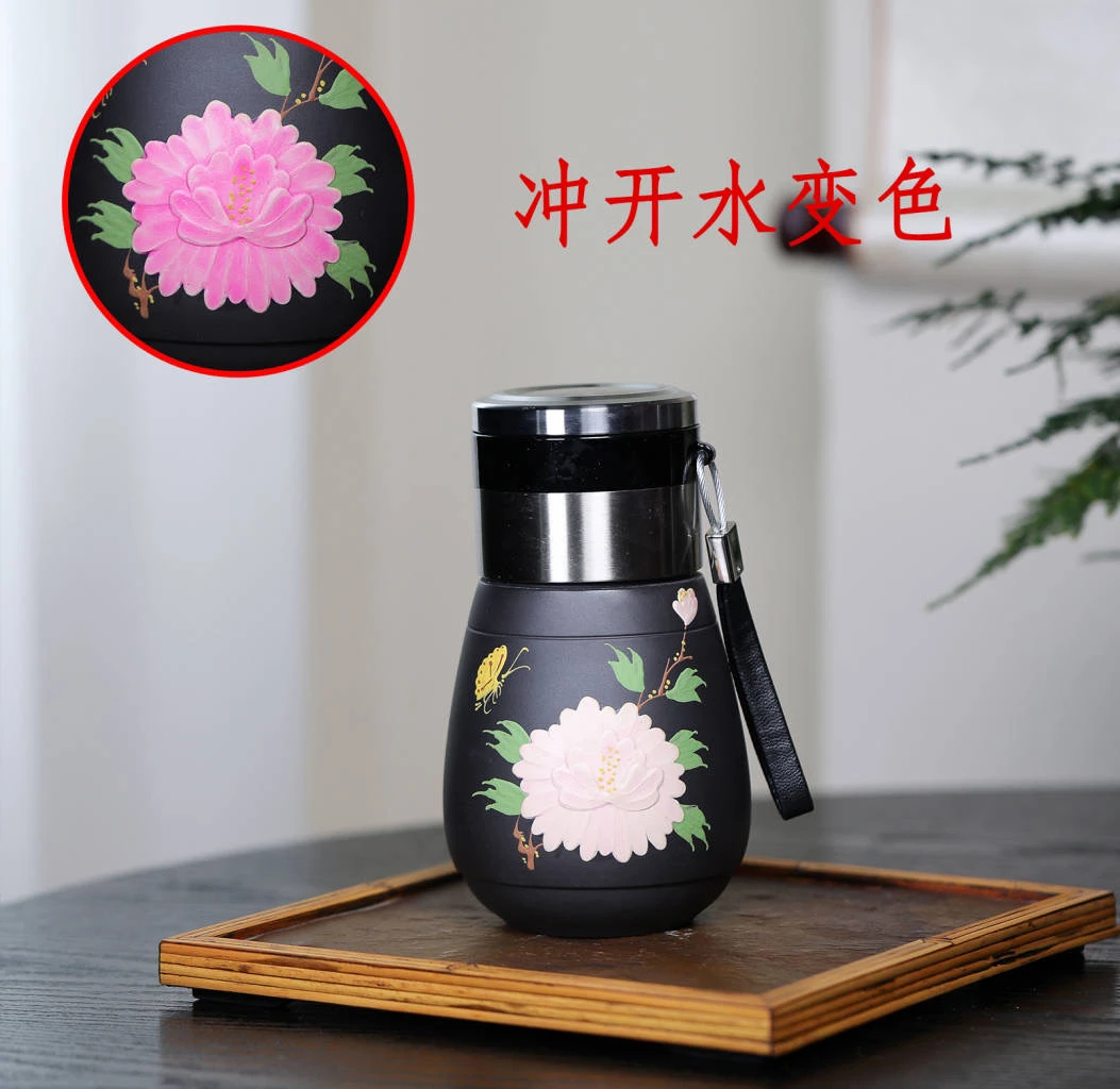 宜兴紫砂 侧提盖牡丹便携杯 黑{赠杯套}