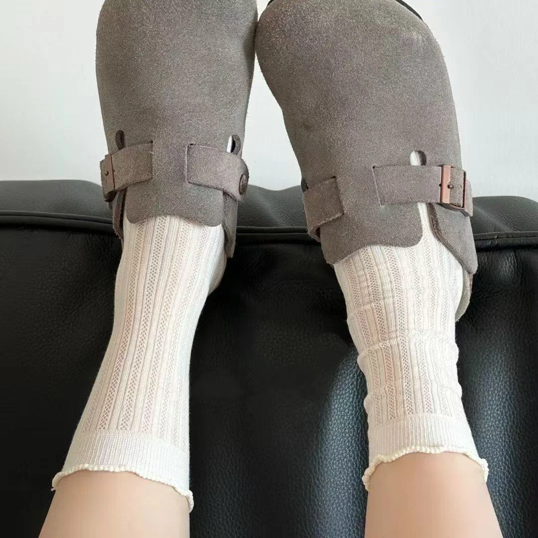 L镂空透气女四季袜子纯色中筒袜百搭无骨堆堆袜学生运动长袜女款