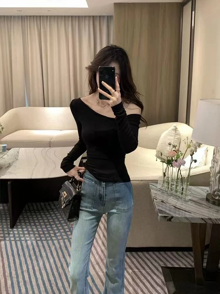 『大花家』10.23号秋冬新款打底衫斜肩修身长袖T恤