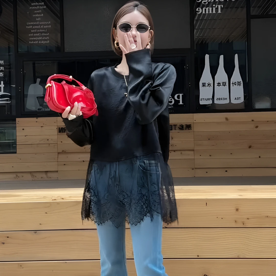 黑色蕾丝下摆拼接衬衫女2025新款爆款松弛感慵懒宽松显瘦长袖上衣