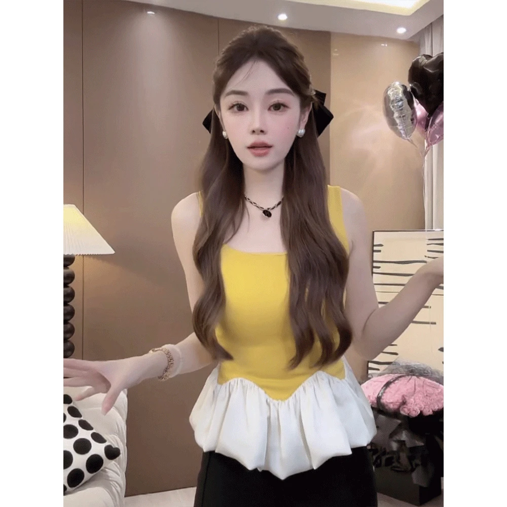 【尤猫原创】 收腰衬衫小众设计感小众荷叶边无袖坎肩背心黄色上衣