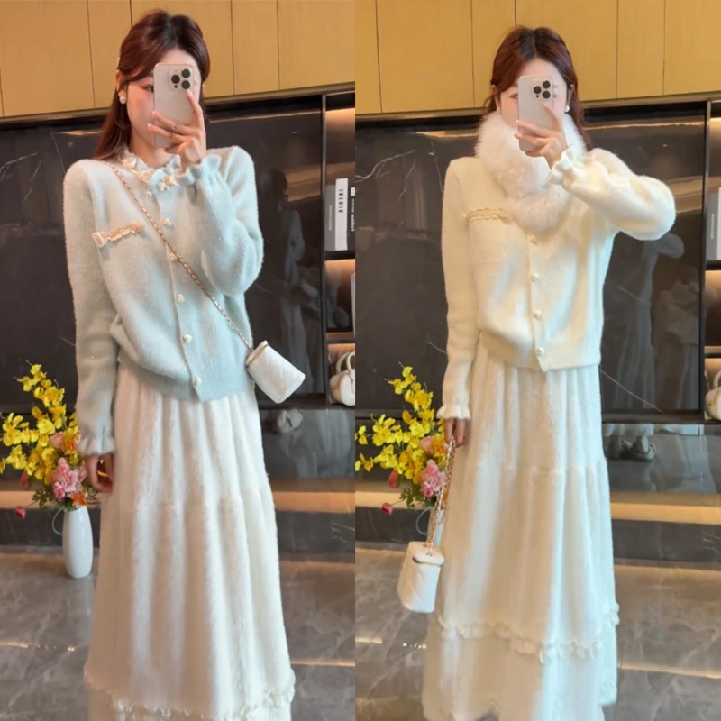 MARIE.COCO秋冬千金风毛领设计感针织衫气质高级感半身裙纯欲套装