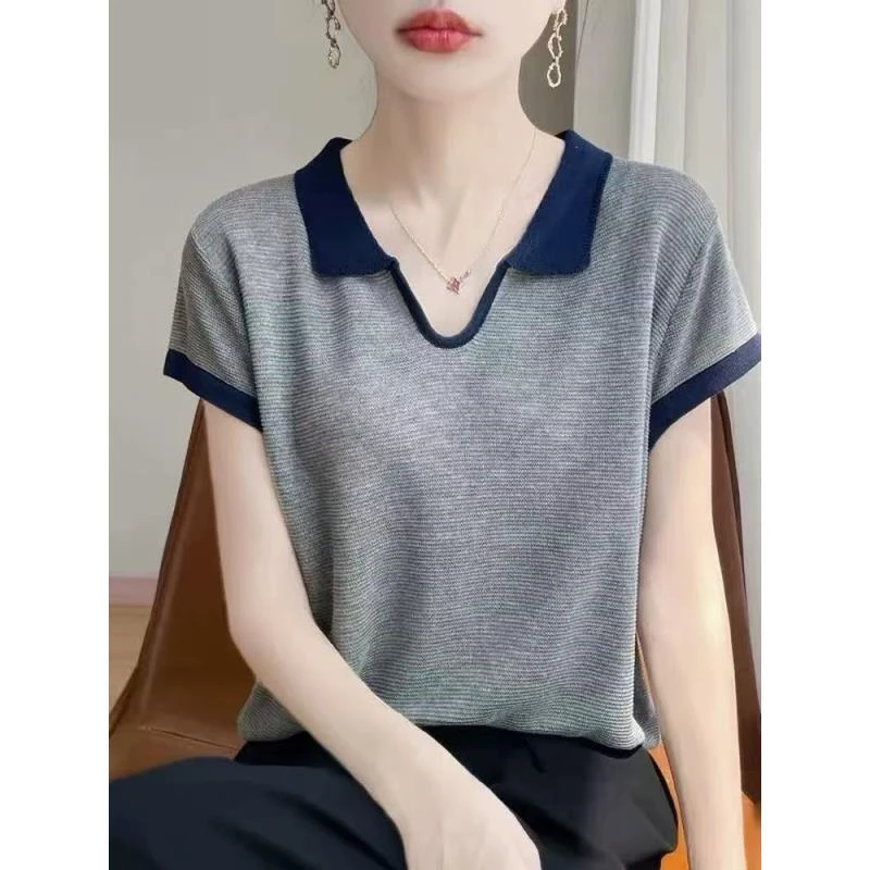 时尚夏季百搭翻领女拼色毛针织衫显瘦条纹撞色风