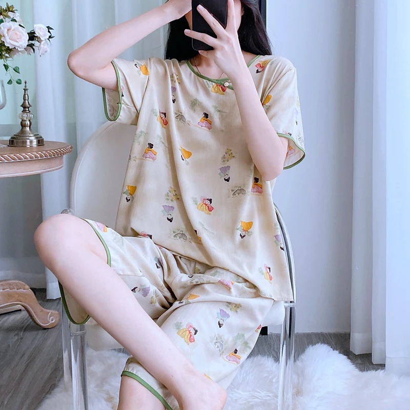 棉绸睡衣女夏季短袖短裤人造棉绵绸新中式薄款宽松气质家居服套装