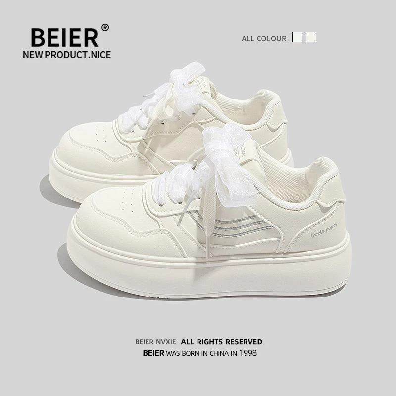 BEIER丝带百搭厚底小白鞋透气板鞋2025秋季运动休闲鞋子女鞋2963