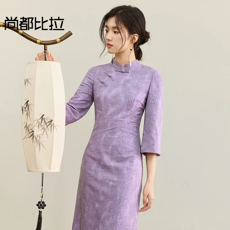 尚都比拉【云岫花影系列】新中式含亚麻国风立领盘扣连衣裙I3773