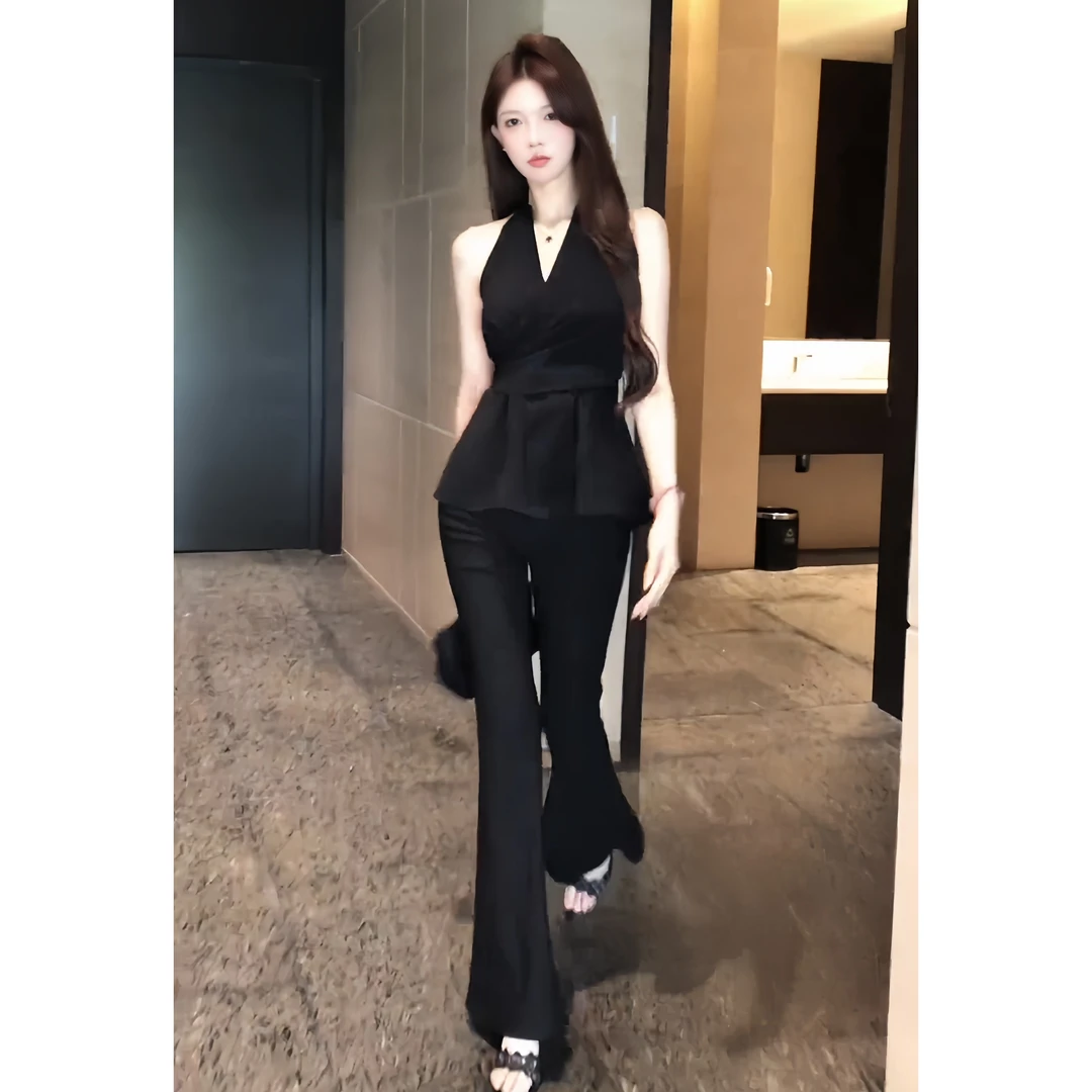 御姐风时尚性感学姐挂脖收腰绑带式上衣修身大长腿微辣长裤套装