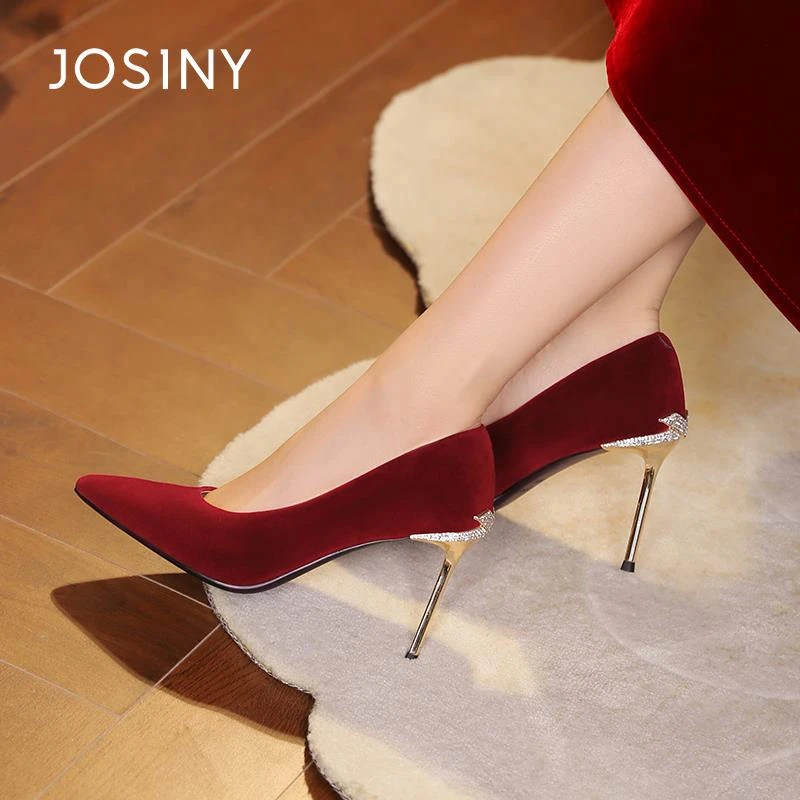 卓诗尼红色新娘高跟鞋女鞋2025春季新款细跟不累脚气质尖头高跟鞋