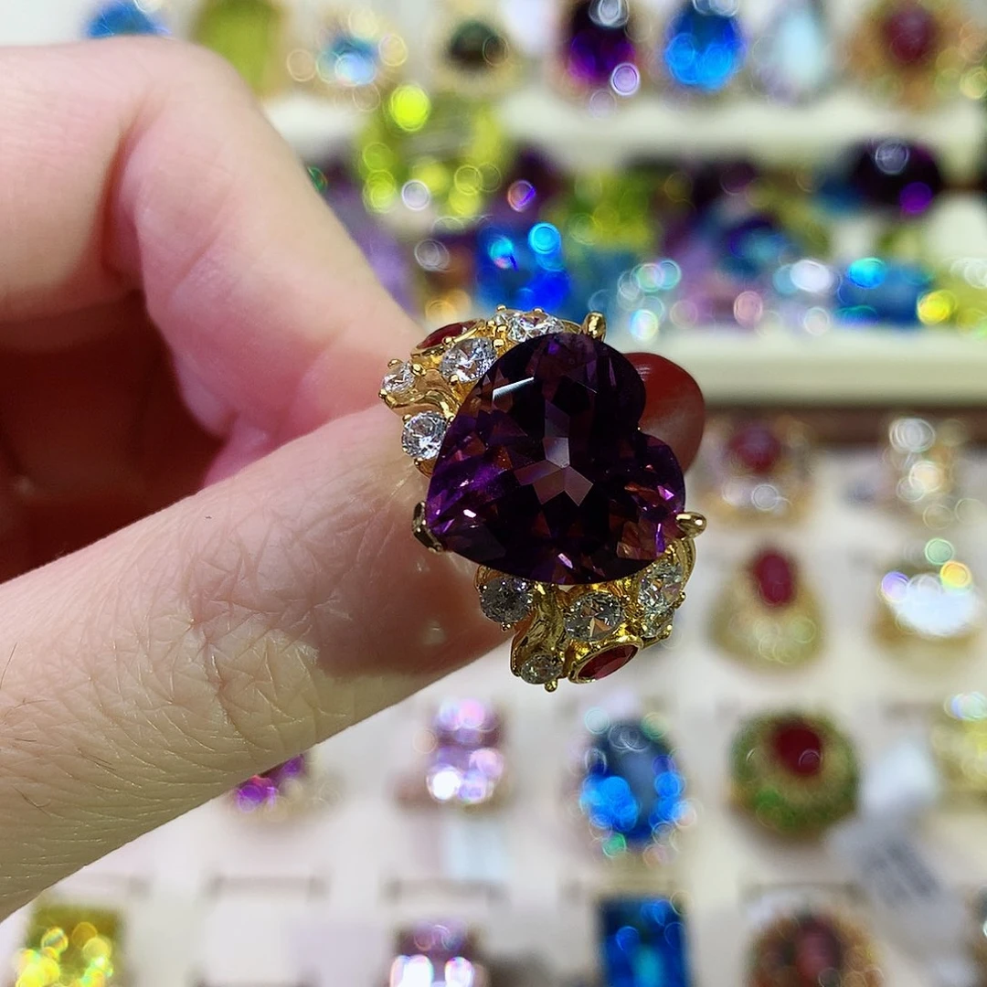 紫晶戒指银S925镀金镶嵌