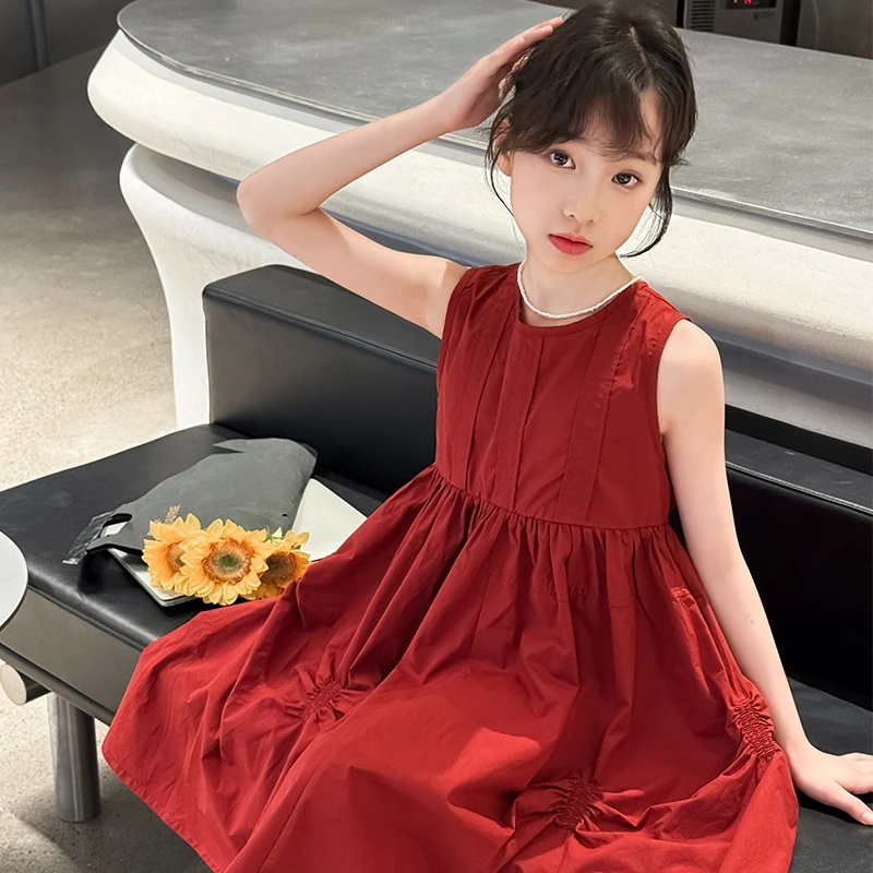 女童连衣裙夏季6-12岁儿童裙子夏装洋气女孩红色棉布裙无袖公主裙