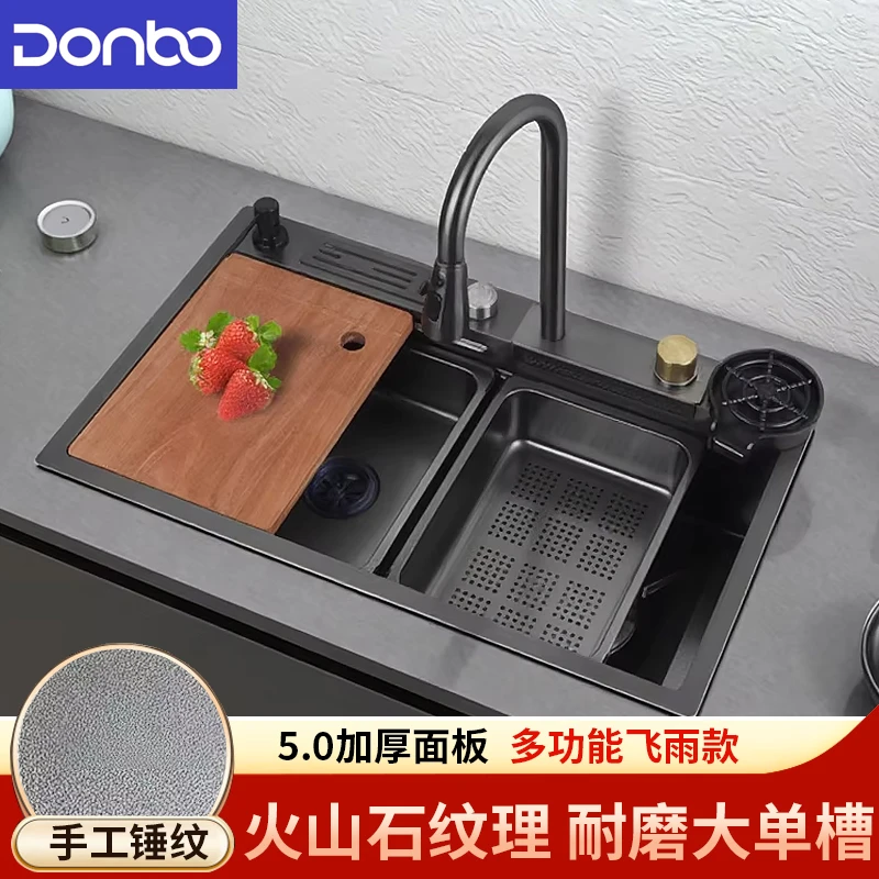 加厚SUS304不锈钢锤纹飞雨水槽厨房大单槽家用多功能洗碗池淘菜盆