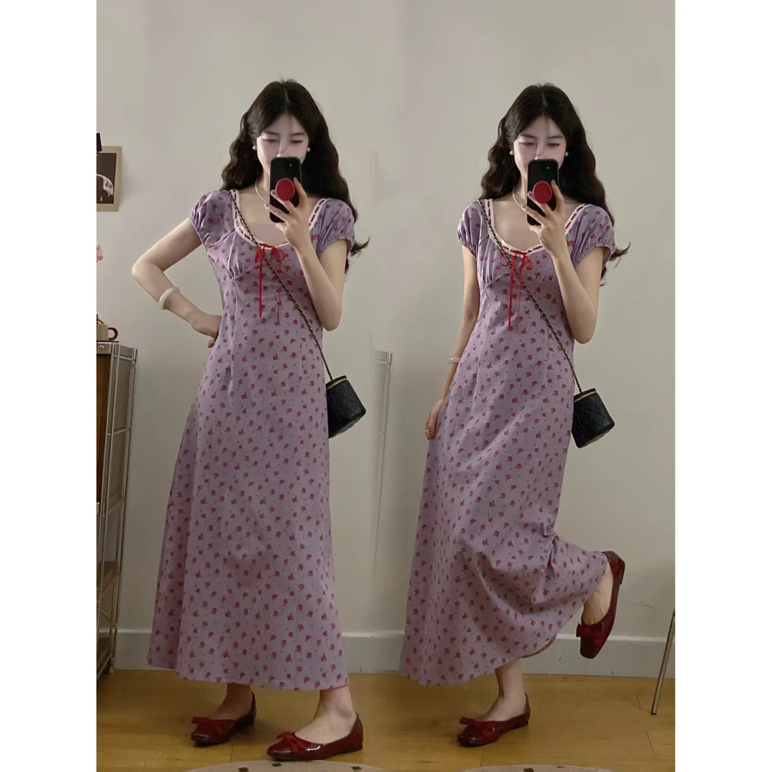 大码香芋韩版纯欲少女碎花连衣裙气质设计显瘦针织裙