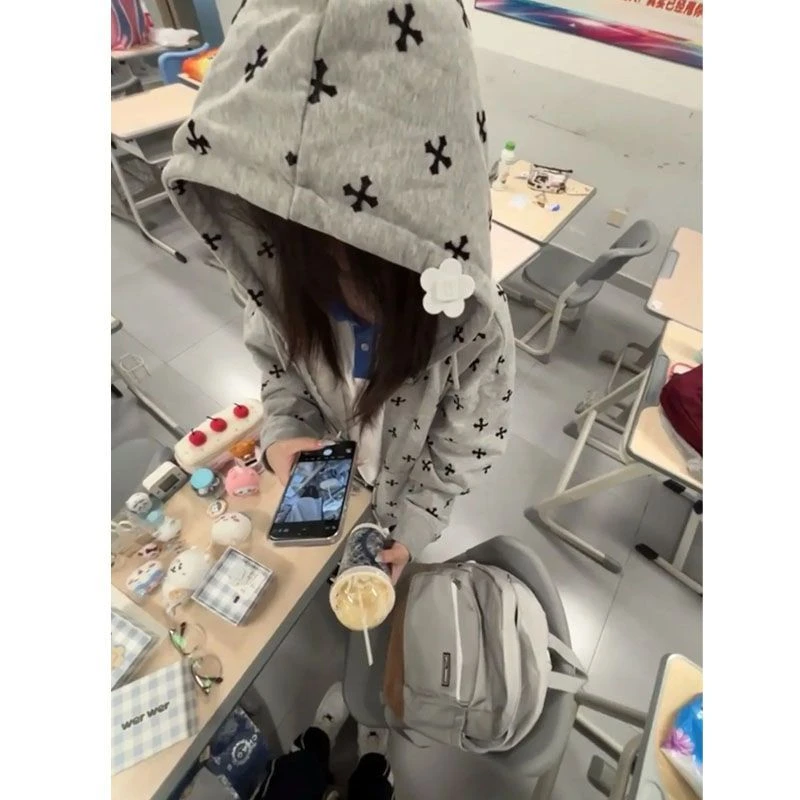 美式复古满印涂鸦连帽开衫卫衣女春秋爆款宽松慵懒风小众拉链外套