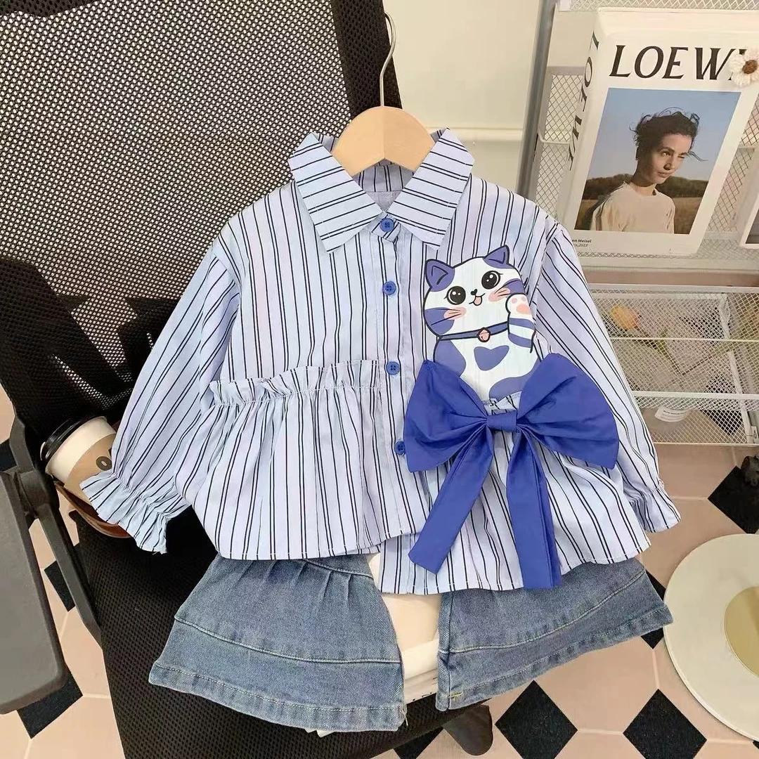 女童春秋衬衫2025春秋款洋气学院风长袖小猫蝴蝶结休闲外穿潮套装