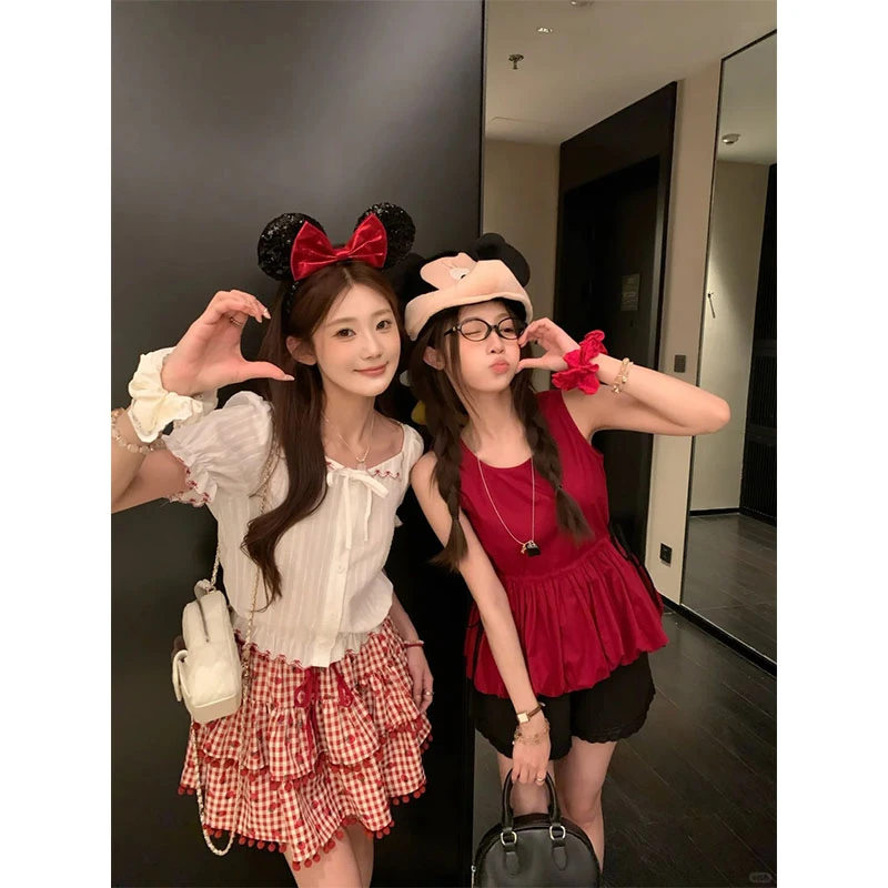 新款休闲百搭无袖上衣设计感花边短袖高腰修身a字半身裙时尚短裤