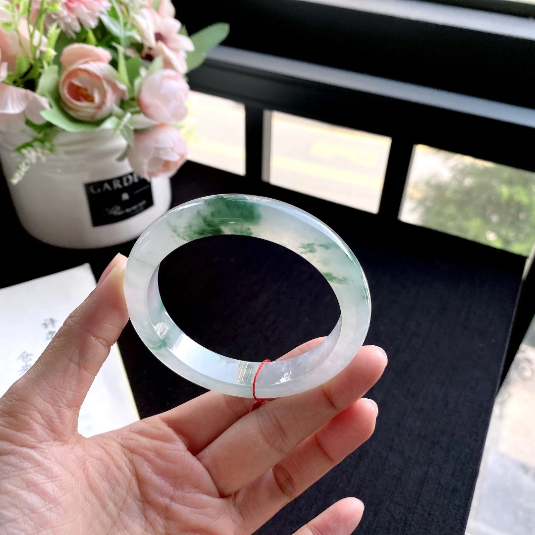 圈口58.7缅甸老坑A货冰糯种飘花正圈翡翠手镯