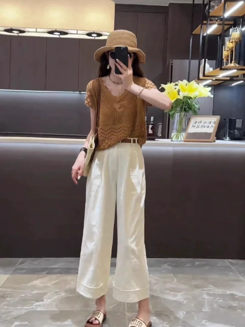 慵懒风休闲风极简风时尚套装气质短袖百搭职场新中式镂空小众女装