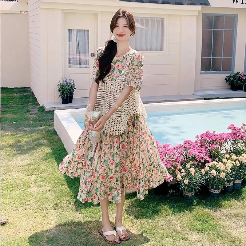 1361-1370 法式长裙夏季碎花泡泡袖连衣裙(非主图款）