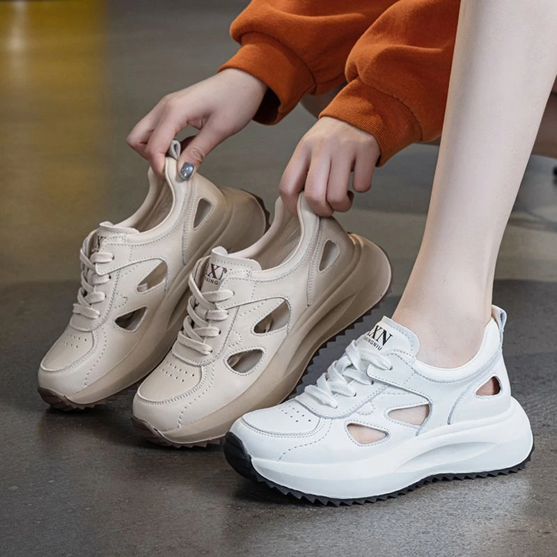 2025夏季头层牛皮新款镂空凉鞋女复古镂空休闲鞋女拼色厚底女鞋