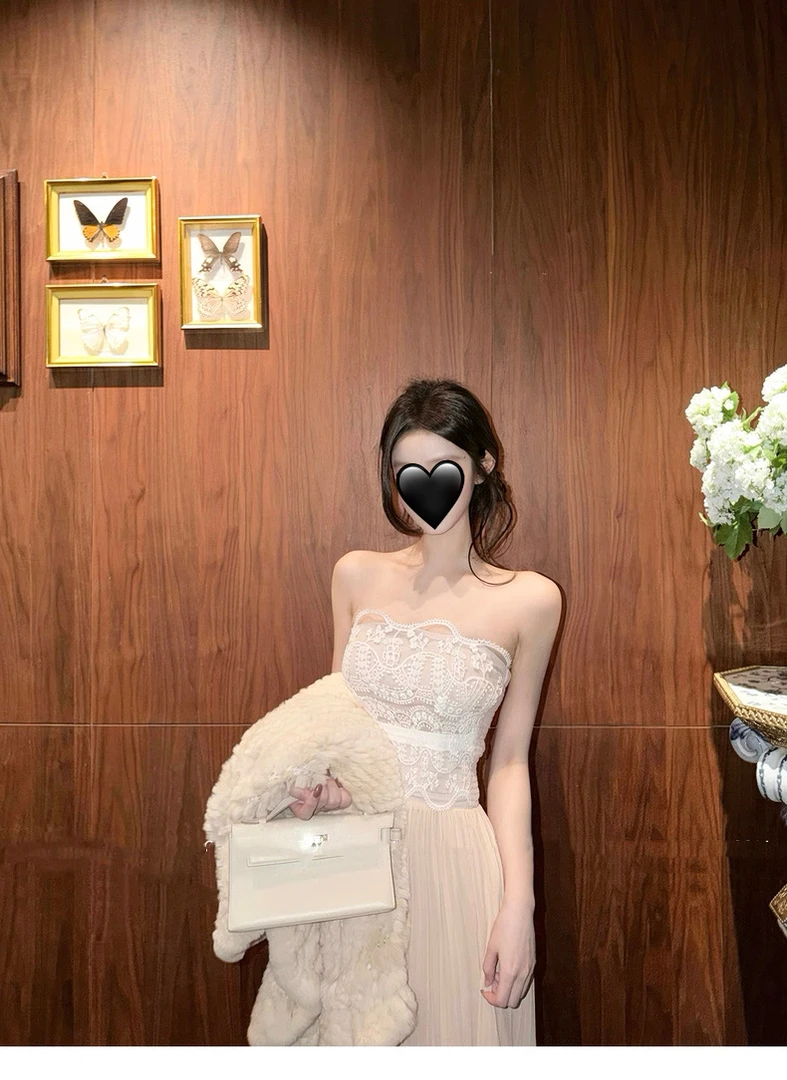 香氛美人 蕾丝网纱拼接抹胸连衣裙女秋冬收腰显瘦修身气质长裙