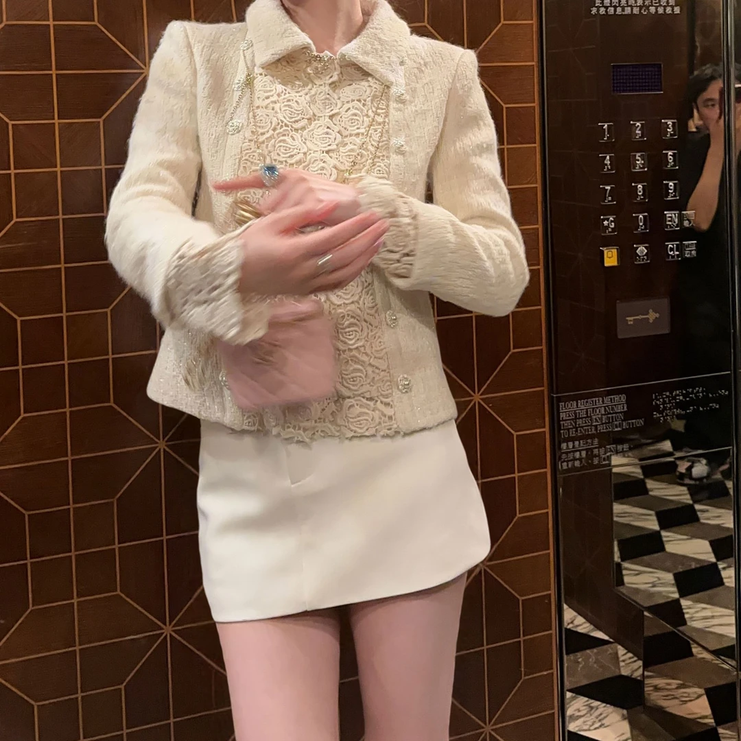 开春新款 拼花边米色小香外套重工蕾丝气质轻奢小香风