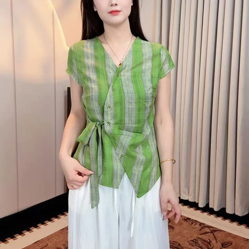 2025夏季新款女士洋气显瘦遮肉小衫绑带设计气质百搭时尚短袖小衫