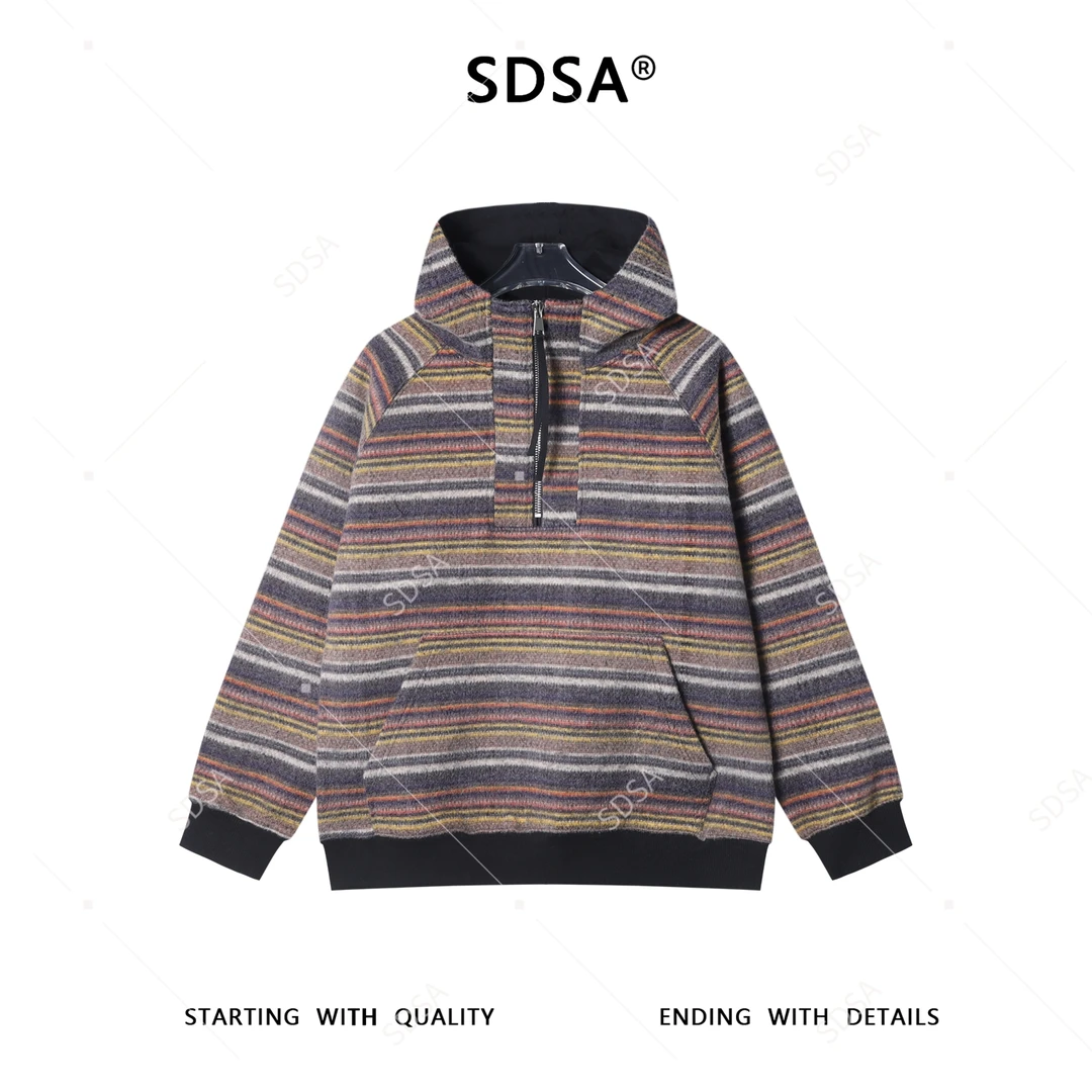 SDSA秋冬新款痞帅男装时尚简约撞色条纹半拉链立领连帽卫衣宽松