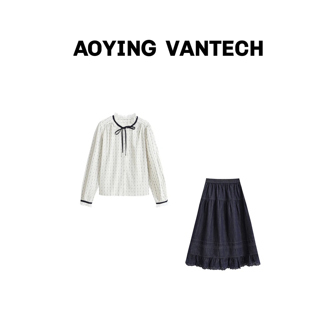 AOYING VANTECH【月亮气流】蕾丝系带衬衫+丹宁牛仔镂空半裙套装