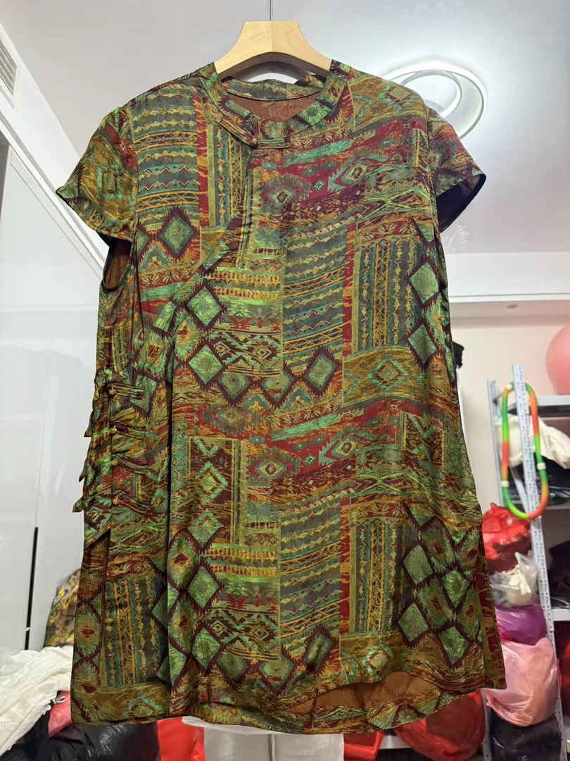 碎花短袖国风鞋斜门襟中长款