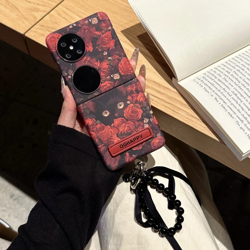 适用华为pocket2折叠P50Pockets超薄肤感手机壳novaflip玫瑰黑猫