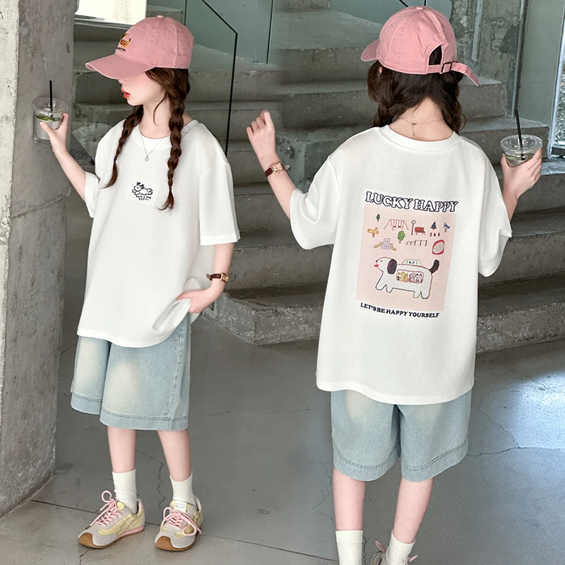 女童夏季短袖套装2025新款中大童洋气韩版T恤爆款休闲牛仔中裤潮