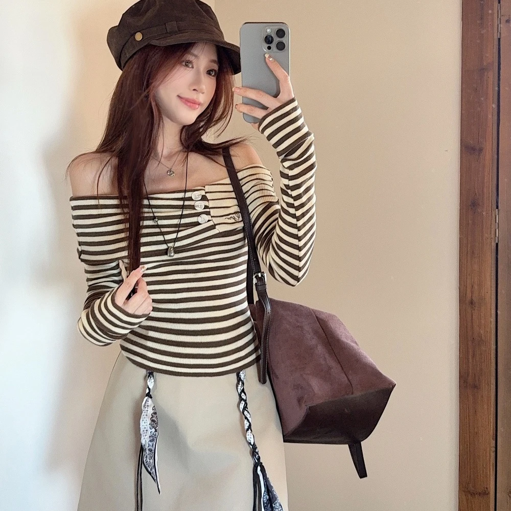 条纹翻领一字肩短款辣妹长袖上衣女秋季显瘦高腰A字短裙时尚打底