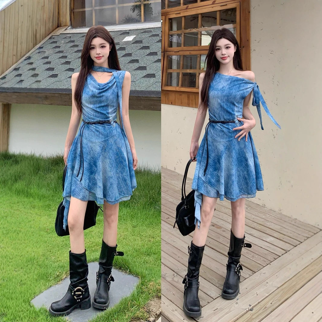 xtdm622设计感蓝色荡领飘带无袖连衣裙2025夏季正反两穿显瘦短裙