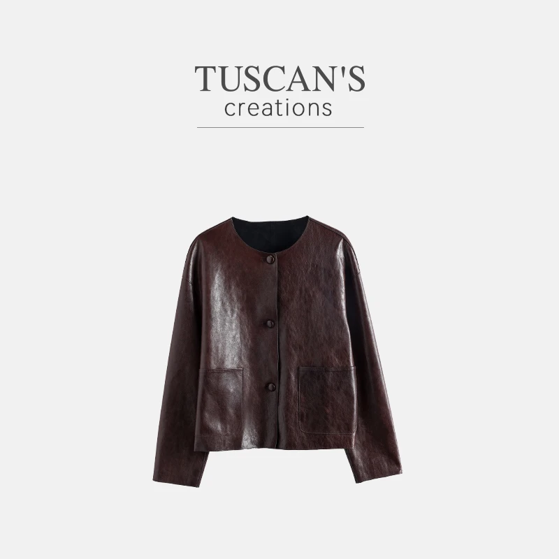 TUSCAN'S CREATIONS时尚高级圆领真皮深色系女士皮衣外套时代集团