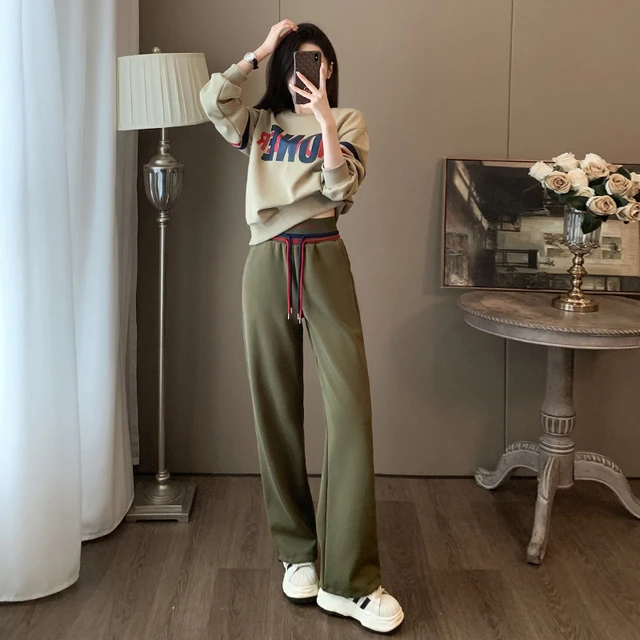 港风覆古休闲运动套装女秋新款洋派宽松显瘦字母厚棉T阔腿裤两件