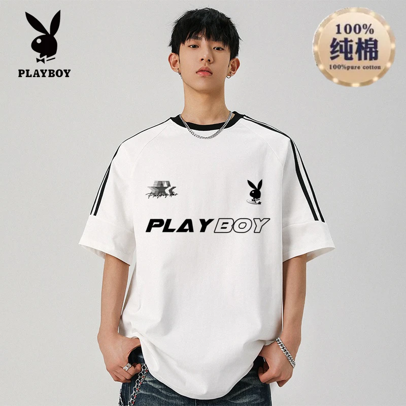 花花公子印花男士T恤2025新款潮流休闲短袖衣服夏季纯棉宽松上衣