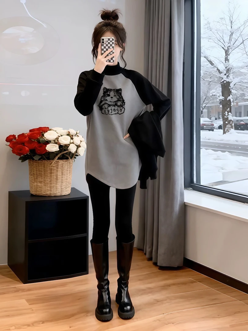 秋冬大码百搭中长款加绒加厚女T恤长袖半高领德绒衣服内搭打底衫