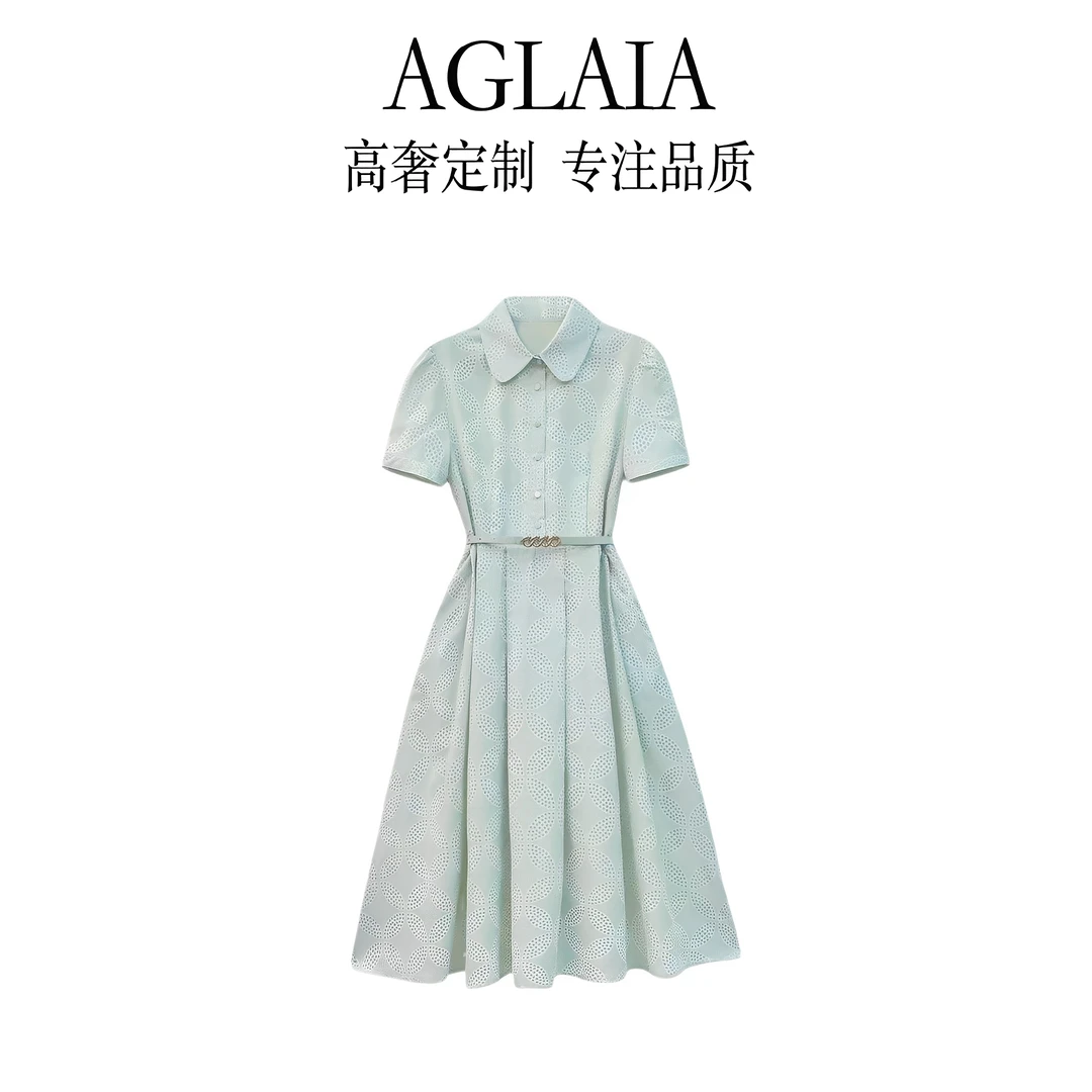 8020~Aglaia法式高奢2025夏季设计感收腰显瘦翻领短袖连衣裙女