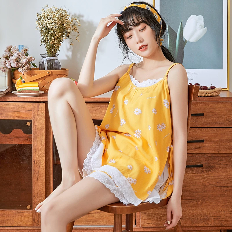 棉绸吊带大码短裤睡衣套装少女夏季可爱学生宽松人造棉家居服韩版