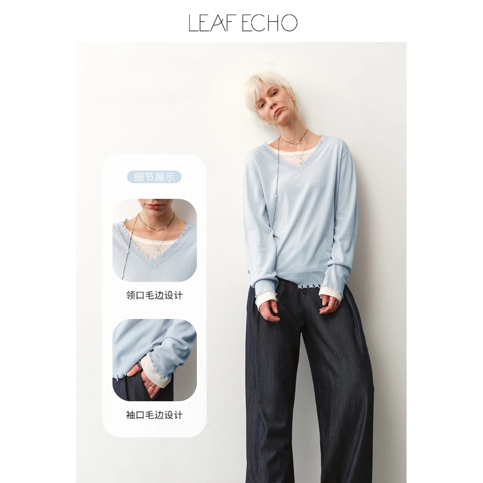 Leaf Echo 刺绣超细羊绒羊毛毛边设计V领套头针织毛衫L0299KT002