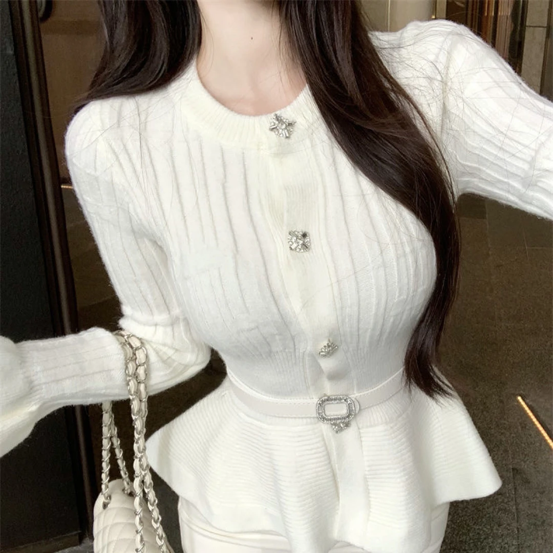 法式减龄荷叶边喇叭袖内搭针织衫早春女装腰带收腰修身打底衫上衣