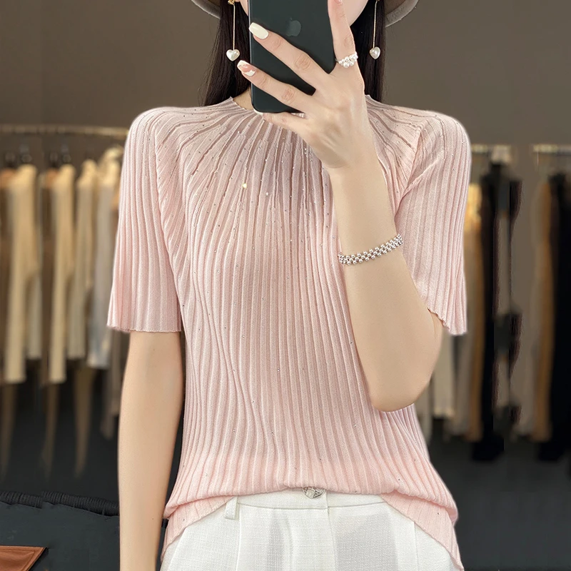 【断码清仓】超细精纺圆领伞花针织衫五分袖气质坑条短袖上衣